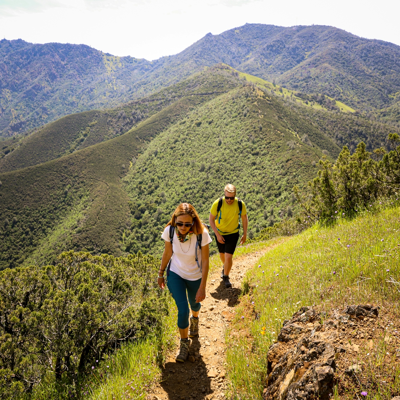 Two hikers walk a hiking trail to Eagle Peak at Mount Diablo State Park 